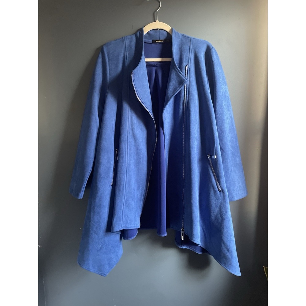 RADZOLI Blue Faux Suede Asymmetrical Zip Collarless Jacket Coat Women's S